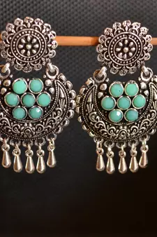 Turquoise onyx Stone Circular Oxidised Dangler Drop Carved studs Earrings