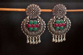 Multicolor onyx Stone Circular Oxidised Dangler Drop Carved studs Earrings 1
