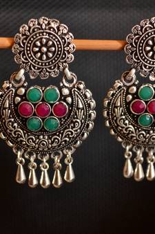 Multicolor onyx Stone Circular Oxidised Dangler Drop Carved studs Earrings