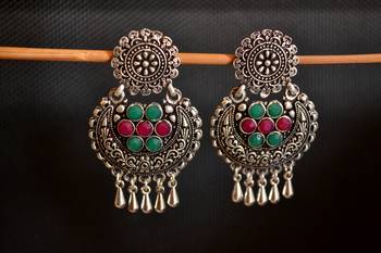 Multicolor onyx Stone Circular Oxidised Dangler Drop Carved studs Earrings 2