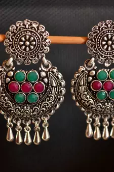 Multicolor onyx Stone Circular Oxidised Dangler Drop Carved studs Earrings