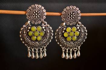 Yellow onyx Stone Circular Oxidised Dangler Drop Carved studs Earrings 1