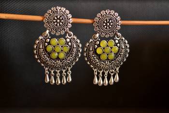 Yellow onyx Stone Circular Oxidised Dangler Drop Carved studs Earrings 2