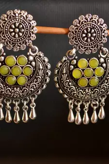 Yellow onyx Stone Circular Oxidised Dangler Drop Carved studs Earrings