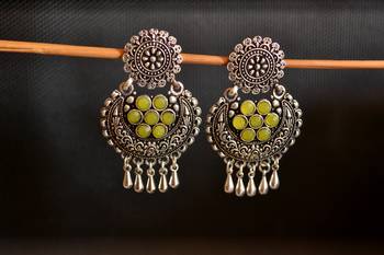Yellow onyx Stone Circular Oxidised Dangler Drop Carved studs Earrings 3