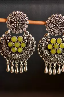 Yellow onyx Stone Circular Oxidised Dangler Drop Carved studs Earrings