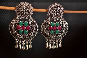 Multicolor onyx Stone Circular Oxidised Dangler Drop Carved studs Earrings 1