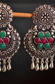 Multicolor onyx Stone Circular Oxidised Dangler Drop Carved studs Earrings