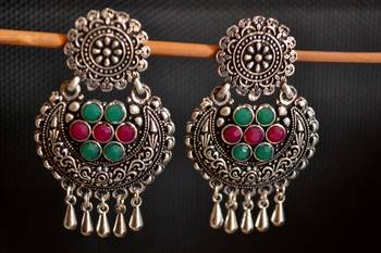 Multicolor onyx Stone Circular Oxidised Dangler Drop Carved studs Earrings 2
