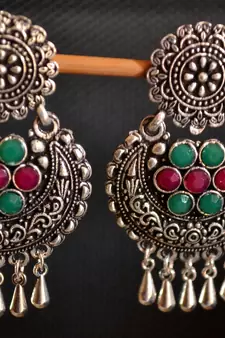 Multicolor onyx Stone Circular Oxidised Dangler Drop Carved studs Earrings