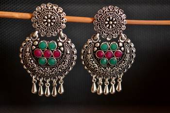 Multicolor onyx Stone Circular Oxidised Dangler Drop Carved studs Earrings 3