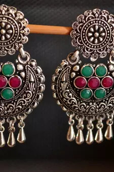 Multicolor onyx Stone Circular Oxidised Dangler Drop Carved studs Earrings