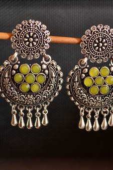 Yellow onyx Stone Circular Oxidised Dangler Drop Carved studs Earrings