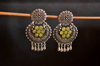 Yellow onyx Stone Circular Oxidised Dangler Drop Carved studs Earrings 2