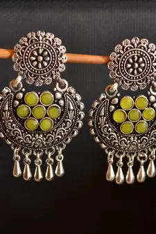 Yellow onyx Stone Circular Oxidised Dangler Drop Carved studs Earrings