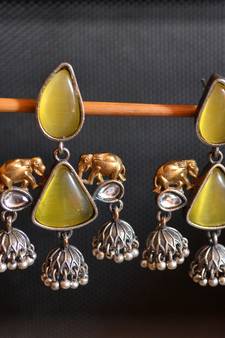Yellow onyx Stone Elephant Dual Tone danglers-drops Oxidised Stud Earrings