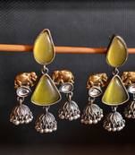 Yellow onyx Stone Elephant Dual Tone danglers-drops Oxidised Stud Earrings