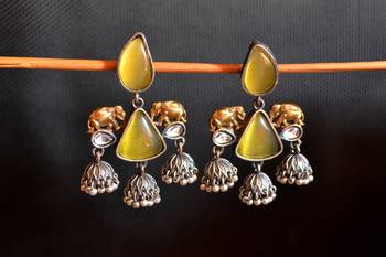 Yellow onyx Stone Elephant Dual Tone danglers-drops Oxidised Stud Earrings 2