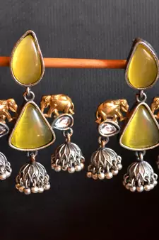 Yellow onyx Stone Elephant Dual Tone danglers-drops Oxidised Stud Earrings