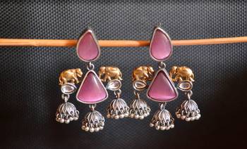 Pink onyx Stone Elephant Dual Tone danglers-drops Oxidised Stud Earrings 1