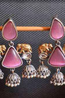 Pink onyx Stone Elephant Dual Tone danglers-drops Oxidised Stud Earrings
