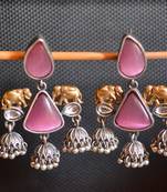 Pink onyx Stone Elephant Dual Tone danglers-drops Oxidised Stud Earrings
