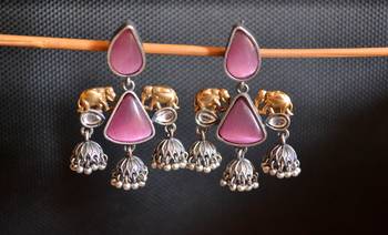 Pink onyx Stone Elephant Dual Tone danglers-drops Oxidised Stud Earrings 2