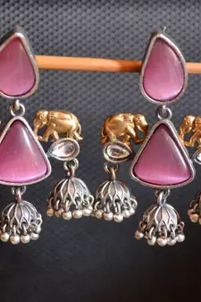 Pink onyx Stone Elephant Dual Tone danglers-drops Oxidised Stud Earrings