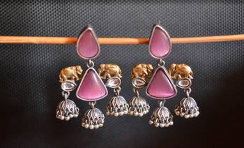 Pink onyx Stone Elephant Dual Tone danglers-drops Oxidised Stud Earrings 3