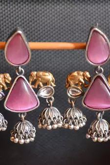 Pink onyx Stone Elephant Dual Tone danglers-drops Oxidised Stud Earrings