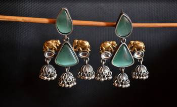 Silver onyx stone elephant dual tone danglers-drops oxidised stud earrings 1