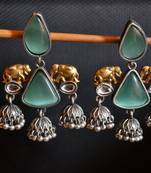 Silver onyx stone elephant dual tone danglers-drops oxidised stud earrings