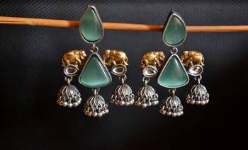 Silver onyx stone elephant dual tone danglers-drops oxidised stud earrings 2