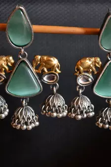 Silver onyx stone elephant dual tone danglers-drops oxidised stud earrings