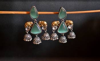 Silver onyx stone elephant dual tone danglers-drops oxidised stud earrings 3