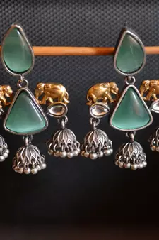 Silver onyx stone elephant dual tone danglers-drops oxidised stud earrings