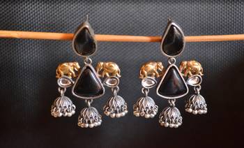 Black onyx Stone Elephant Dual Tone danglers-drops Oxidised Stud Earrings 1