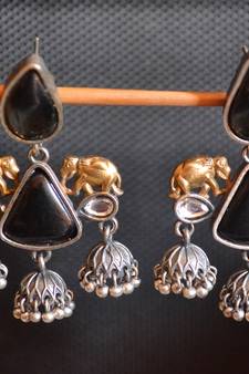 Black onyx Stone Elephant Dual Tone danglers-drops Oxidised Stud Earrings