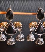 Black onyx Stone Elephant Dual Tone danglers-drops Oxidised Stud Earrings