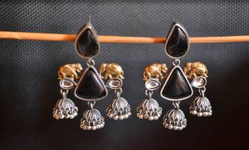 Black onyx Stone Elephant Dual Tone danglers-drops Oxidised Stud Earrings 2