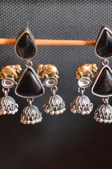 Black onyx Stone Elephant Dual Tone danglers-drops Oxidised Stud Earrings