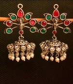 Multicolor onyx stone circular oxidised dangler drop carved studs jhumkas earrings 