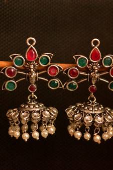 Multicolor onyx stone circular oxidised dangler drop carved studs jhumkas earrings 	
