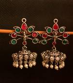Multicolor onyx stone circular oxidised dangler drop carved studs jhumkas earrings 	