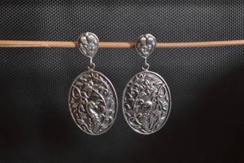 Silver Black Oxidised Carved Floral Stud Earrings 1