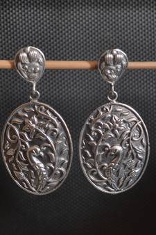 Silver Black Oxidised Carved Floral Stud Earrings