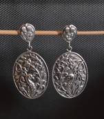 Silver Black Oxidised Carved Floral Stud Earrings