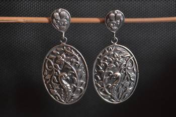 Silver Black Oxidised Carved Floral Stud Earrings 2