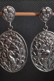 Silver Black Oxidised Carved Floral Stud Earrings