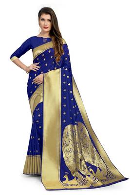 Blue Woven Silk Blend Saree With Blouse 1